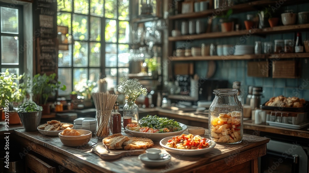 Rustic Kitchen Table with a Spead of Breakfast Rustic Kitchen Table with a Spead of Breakfast