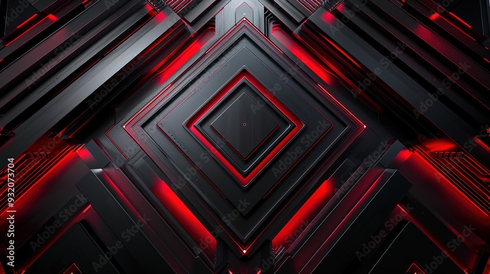 Red and black geometric background with lines and squares.