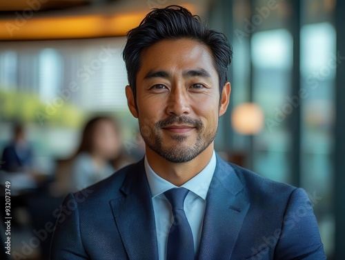 confident asian businessman leading a diverse team meeting in a sleek highrise office floortoceiling windows offer a stunning city view symbolizing global business success