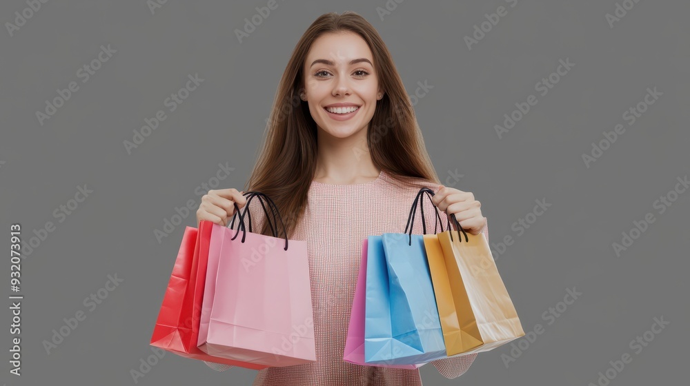Woman holding shopping bags in both hands, smiling and happy. Could be Black Friday, Cyber monday or spring sale. Isolated on a transparent background. Woman holding shopping bags in both hands, smiling and happy. Could be Black Friday, Cyber monday or spring sale. Isolated on a transparent background.