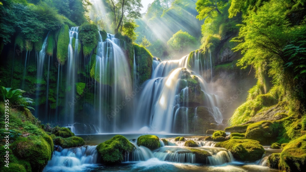 Dramatic close-up of a waterfall's misty veil, capturing the intricate dance of water droplets and shimmering light amidst lush green surroundings. Dramatic close-up of a waterfall's misty veil, capturing the intricate dance of water droplets and shimmering light amidst lush green surroundings.