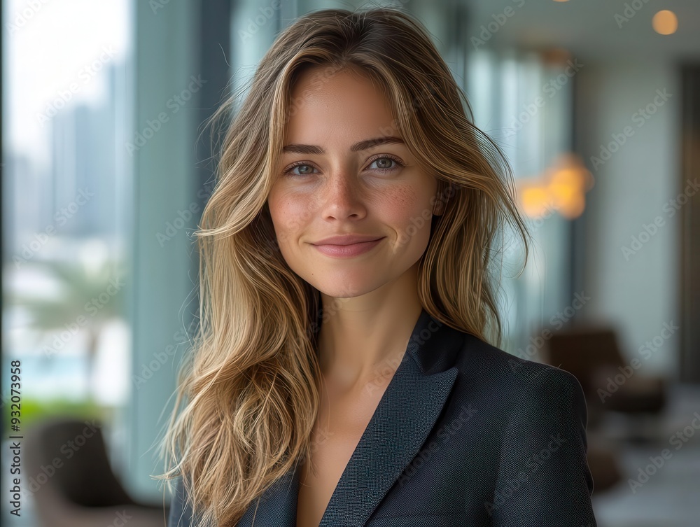 confident businesswoman in tailored suit standing in a modern glasswalled office city skyline visible behind her warm smile exudes success and leadership as natural light floods the space confident businesswoman in tailored suit standing in a modern glasswalled office city skyline visible behind her warm smile exudes success and leadership as natural light floods the space