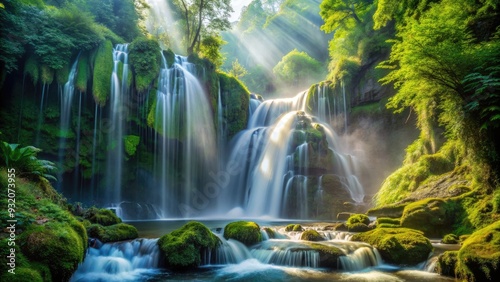 Dramatic close-up of a waterfall's misty veil, capturing the intricate dance of water droplets and shimmering light amidst lush green surroundings.