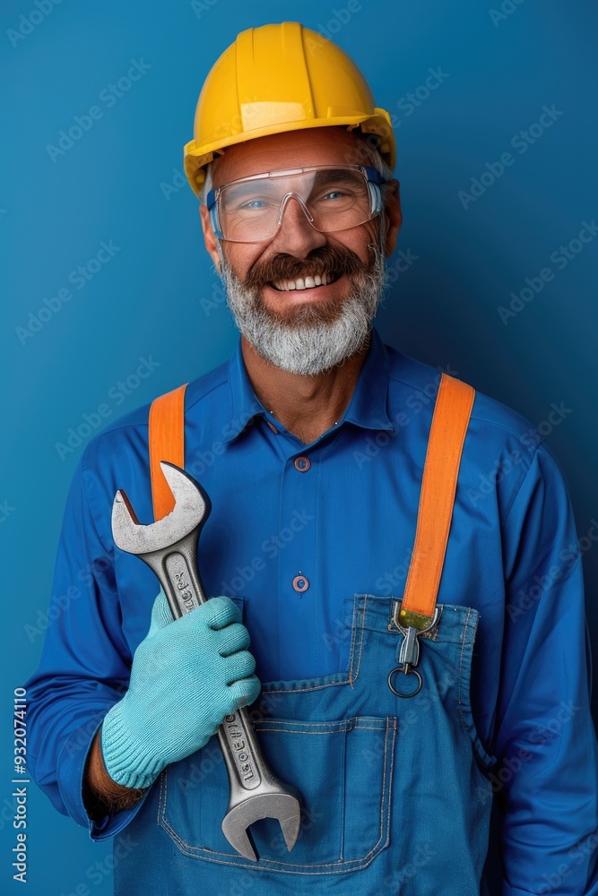 Happy Handsome Male Service Technician Holding Wrench Happy Handsome Male Service Technician Holding Wrench
