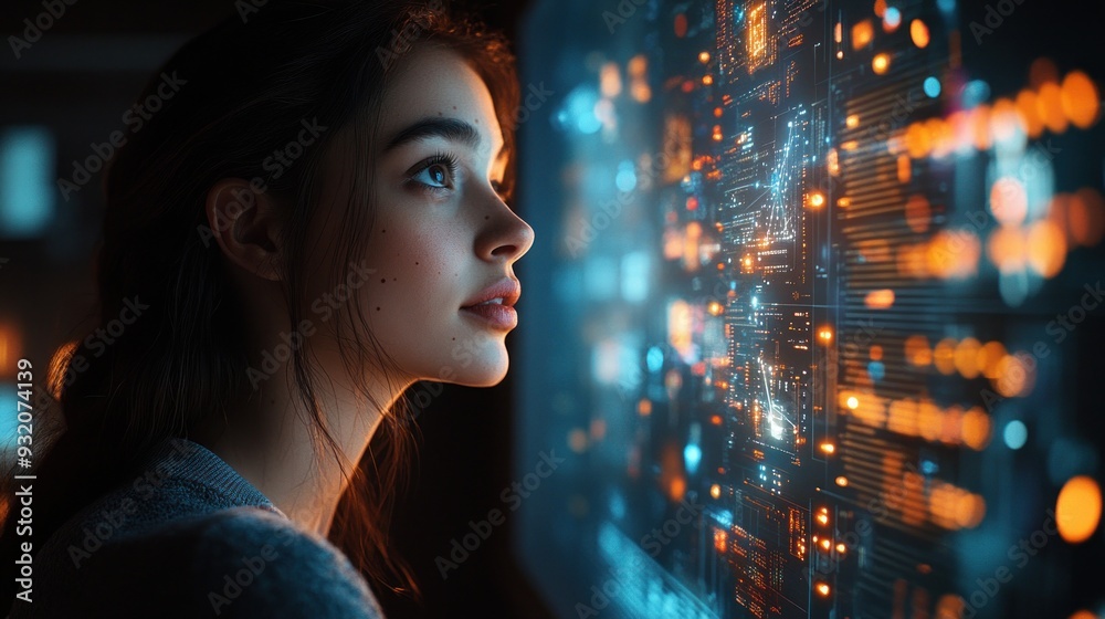 Woman Looking at Digital Interface Woman Looking at Digital Interface