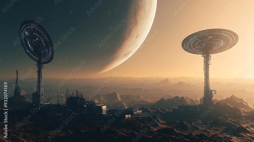 A high-tech space colony on a distant exoplanet, with digital communication arrays A high-tech space colony on a distant exoplanet, with digital communication arrays