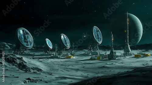 A high-tech space colony on a distant exoplanet, equipped with digital communication arrays. photo