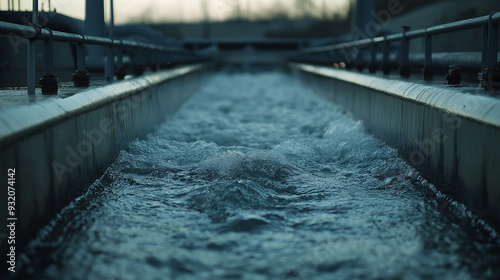 Close-up Final sedimentation tank in a water treatment plant. Pool at the water treatment plant.  Recycling plant. Supplying clean water. Environmental protection and sustainable living resources. photo