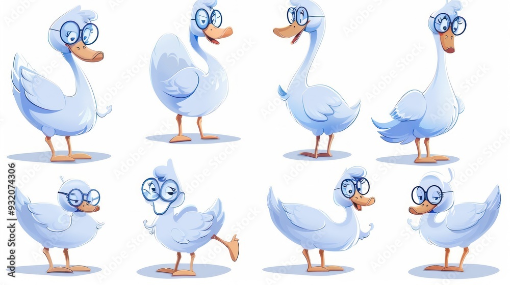 A collection of cartoon ducks with glasses in various poses. A collection of cartoon ducks with glasses in various poses.