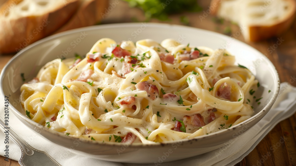 Classic creamy carbonara with fettuccine, egg yolks, pecorino Romano, and crispy pancetta Classic creamy carbonara with fettuccine, egg yolks, pecorino Romano, and crispy pancetta
