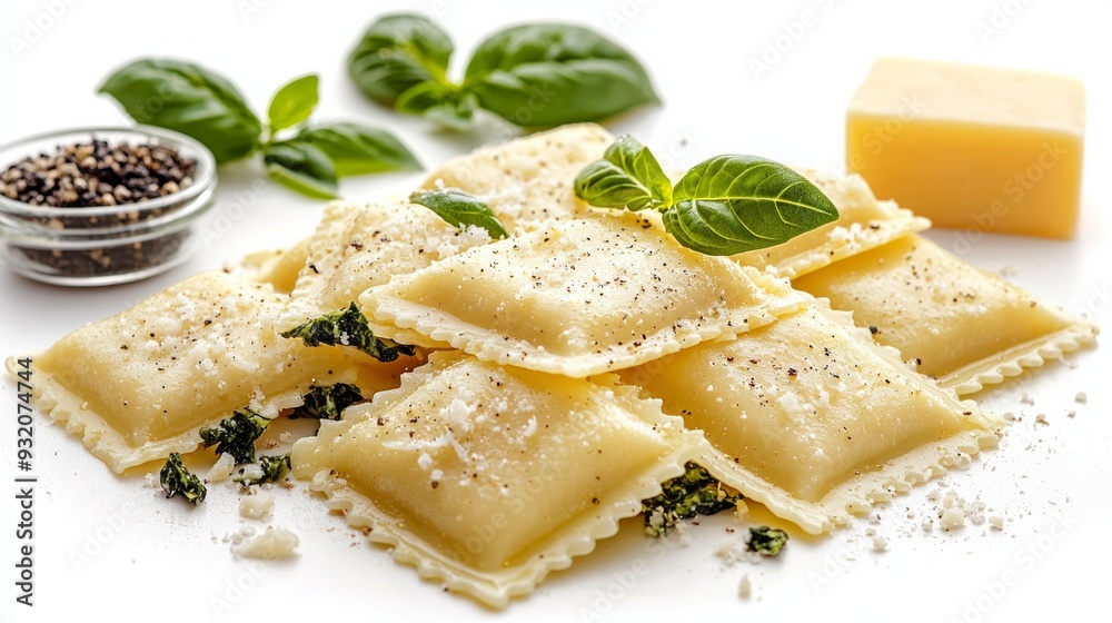 Fresh Ravioli pasta isolated on white background, top view. Fresh Ravioli pasta isolated on white background, top view.