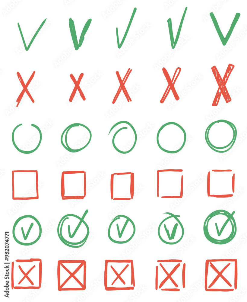 Doodle hand drawn checkbox with right green v and wrong red x sign. Vector illustration Doodle hand drawn checkbox with right green v and wrong red x sign. Vector illustration