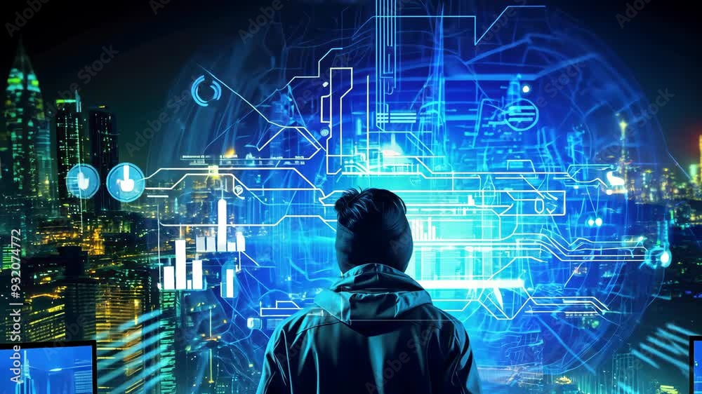 A person gazes at vibrant digital graphs and city lights, immersed in a blend of urban life and technological innovation under a starlit sky A person gazes at vibrant digital graphs and city lights, immersed in a blend of urban life and technological innovation under a starlit sky