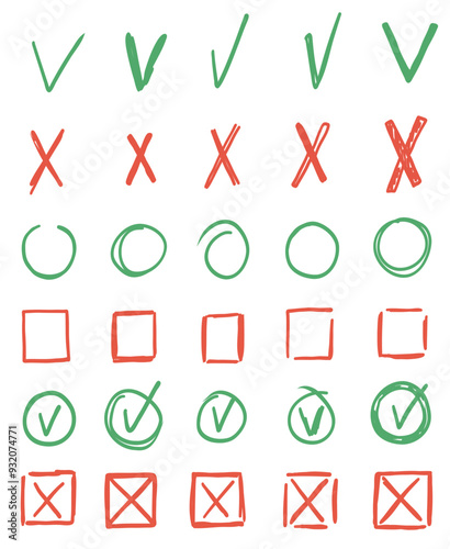 Doodle hand drawn checkbox with right green v and wrong red x sign. Vector illustration