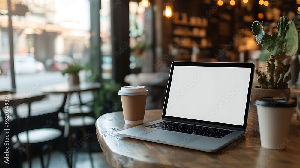 A laptop with a blank screen sits on a rustic wooden table in a cozy cafe, accompanied by coffee cups and a cactus plant.
A laptop with a blank screen sits on a rustic wooden table in a cozy cafe, accompanied by coffee cups and a cactus plant.