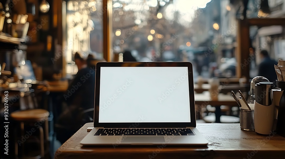 A laptop with a blank screen on a wooden table in a lively cafe, with a bustling atmosphere and warm, ambient lighting.