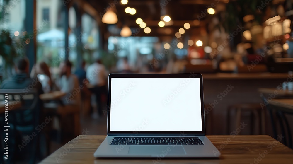 A laptop with a blank screen sits on a wooden table in a bustling cafe, surrounded by warm lighting and blurred patrons in the background. A laptop with a blank screen sits on a wooden table in a bustling cafe, surrounded by warm lighting and blurred patrons in the background.