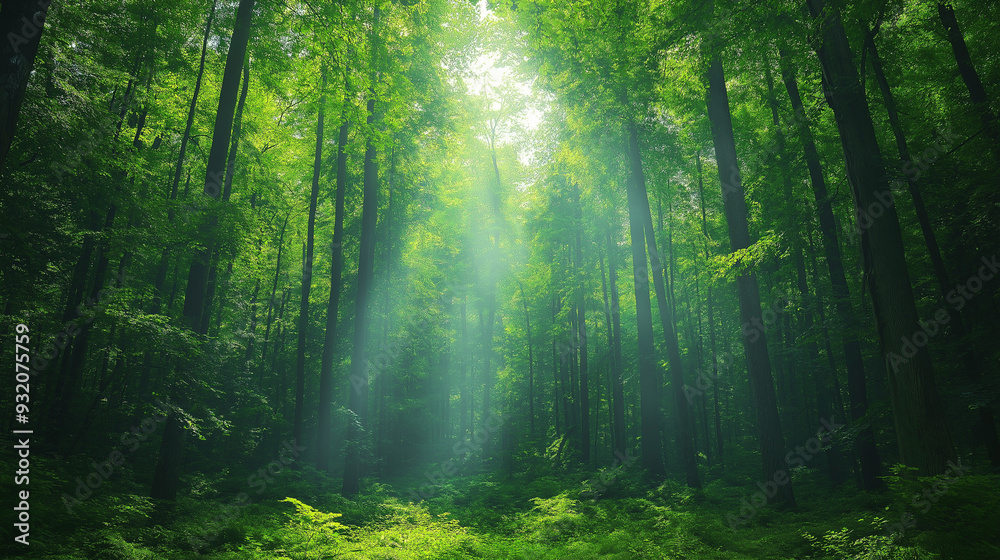 Fototapeta premium lush green forest with dappled sunlight
