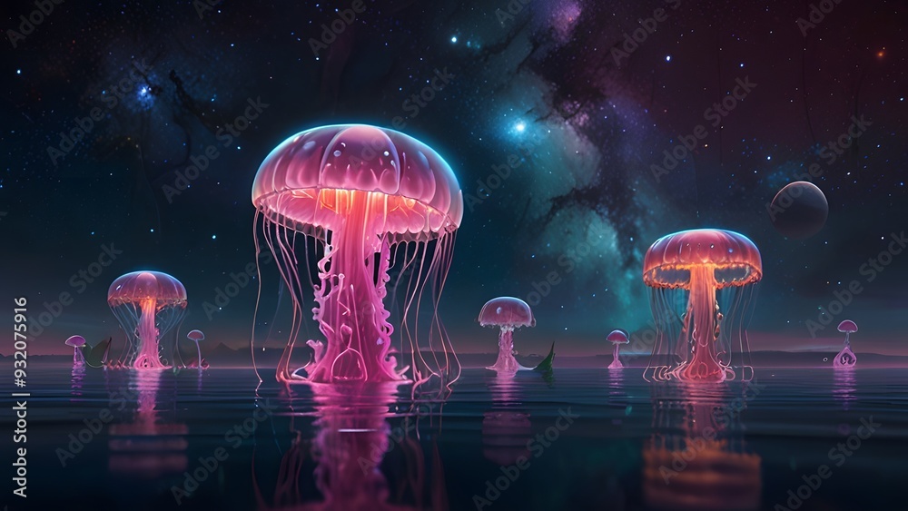 Glowing jellyfish on ocean floor touching skys. Generative AI Glowing jellyfish on ocean floor touching skys. Generative AI