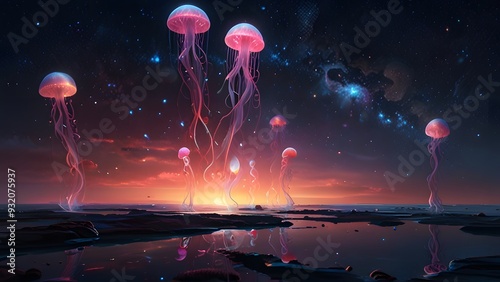 Glowing jellyfish in the sky. Generative AI