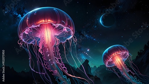 Glowing jellyfish in the space, between stars. Generative AI