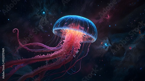 Glowing jellyfish in the space, between stars. Generative AI photo