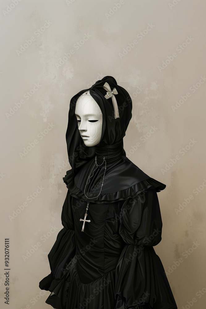 Naklejka premium A woman in a black dress with a cross necklace and a hood over her head