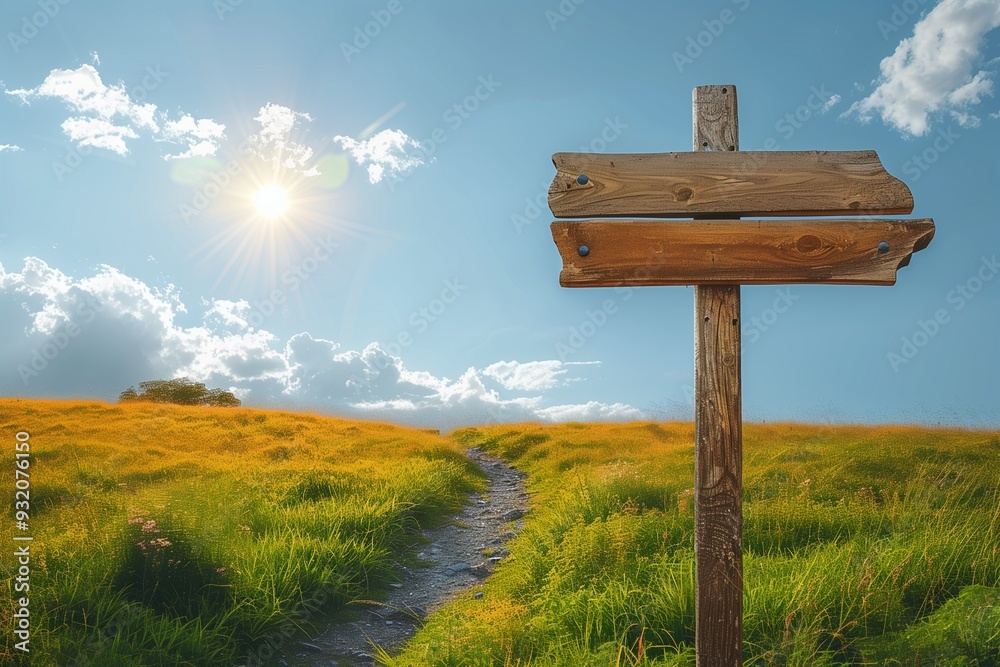 Naklejka premium Wooden blank sign over green grass field