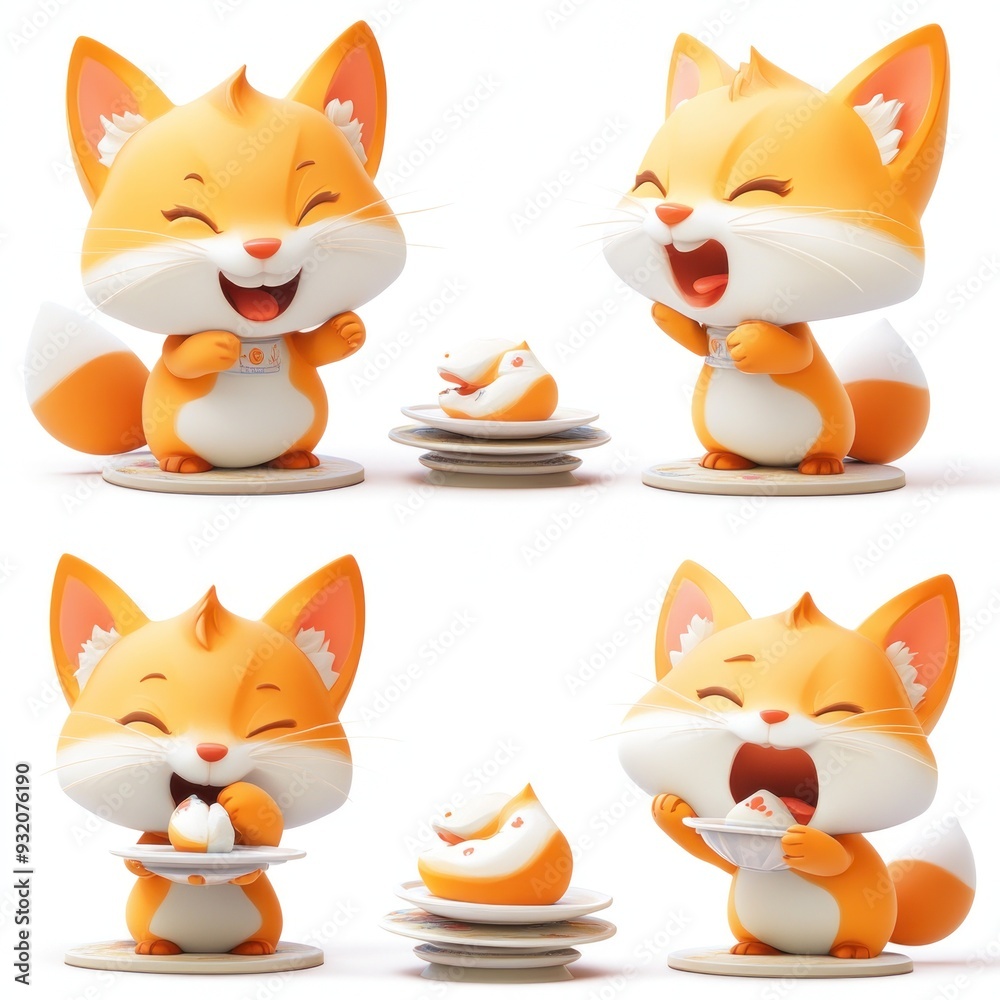 Fototapeta premium Four cute cartoon cats expressing joy while interacting with food.