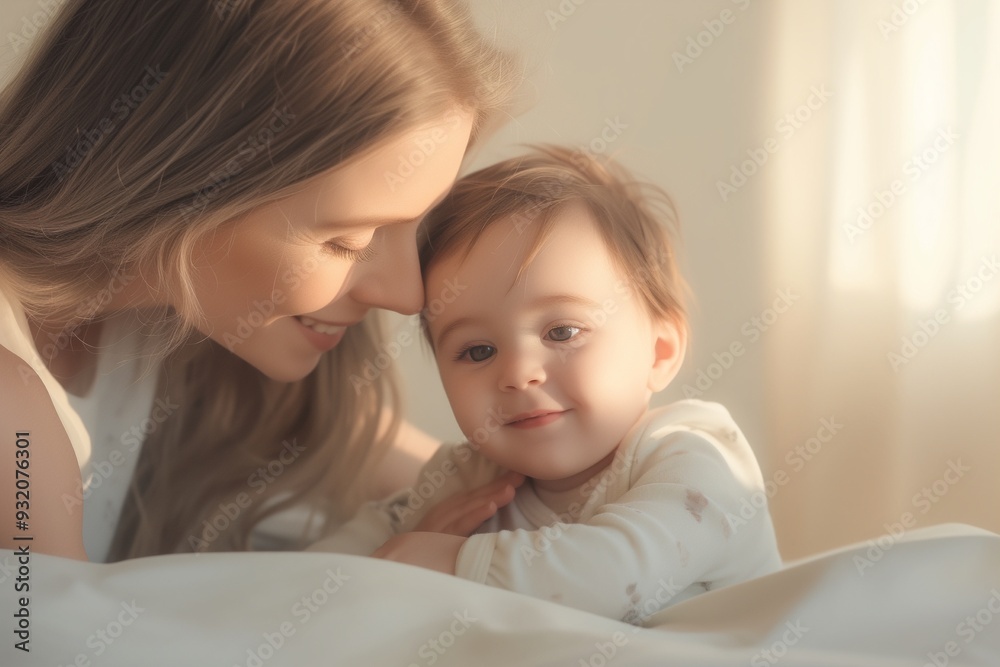 Closeup boy lying on bed with mother hugging Closeup boy lying on bed with mother hugging