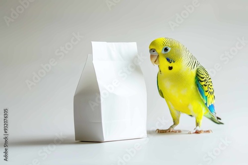 Parakeet close to white bird food packaging mock up, template for branding display concept photo