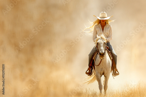 A woman in a cowboy hat rides a white horse through a field