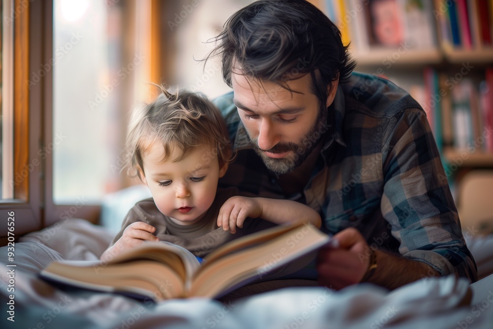 The father is reading a book to his son The father is reading a book to his son