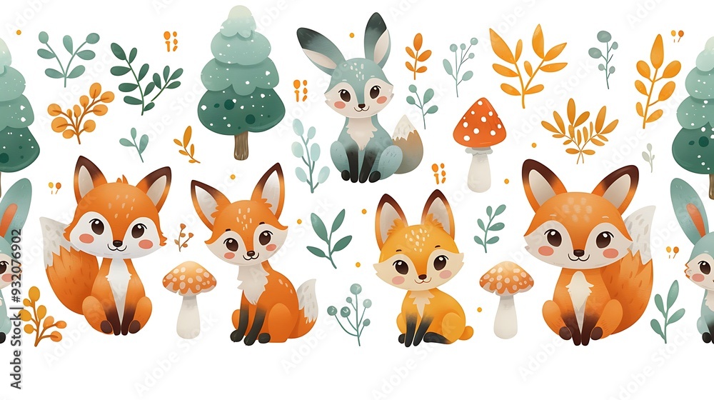 Obraz premium A seamless pattern of cute cartoon foxes, rabbits, and deer playing among trees and mushrooms, soft pastel colors, gentle curves and playful expressions, detailed foliage, and glowing highlights,