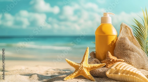 Summer Beach Essentials: Sunscreen, Starfish, and Seashells - A yellow bottle of sunscreen sits on a beach with seashells, a starfish, and a palm leaf. It symbolizes relaxation, vacation, sun protecti photo