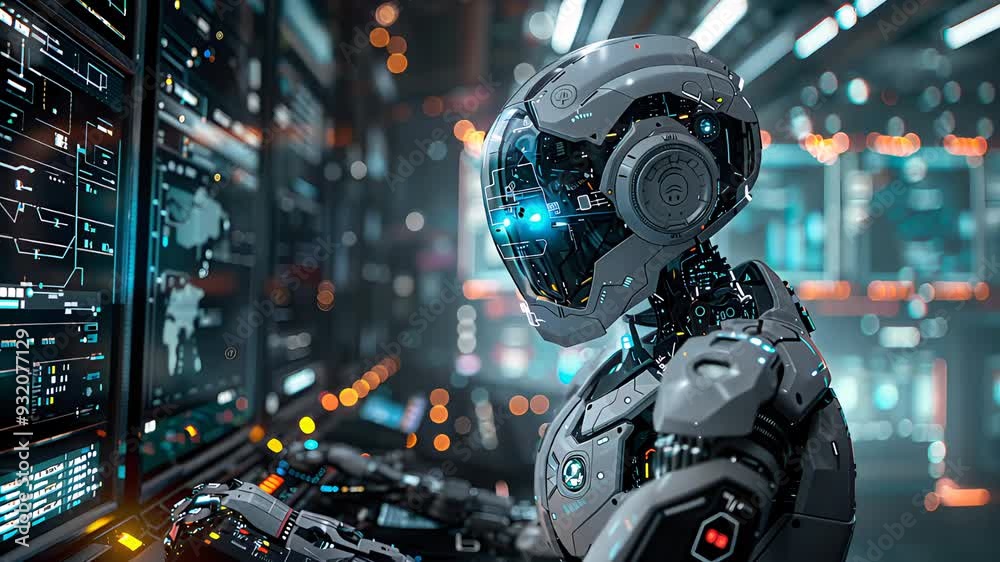 Advanced Ai Robot peforming tasks in a computer center Advanced Ai Robot peforming tasks in a computer center