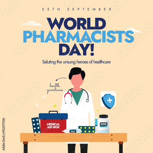 World Pharmacists day. 25th September Pharmacists day celebration banner with a young boy wearing a lab coat and medical equipments: medical box, syringes, vaccine bottle, pills placed on a table. 