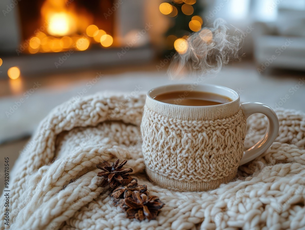 cozy hygge scene with a steaming mug of tea on a plush chair draped with a chunky knit blanket warm fireplace glow and soft textures create an inviting winter atmosphere cozy hygge scene with a steaming mug of tea on a plush chair draped with a chunky knit blanket warm fireplace glow and soft textures create an inviting winter atmosphere