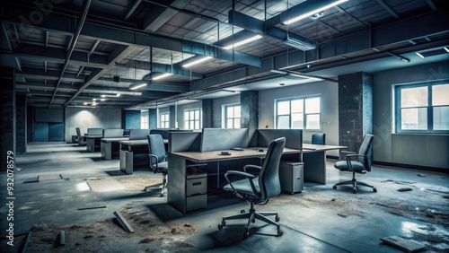 Eerie silence fills a dimly lit, empty office space with vacant chairs, desks, and equipment, conveying a sense of abandonment and isolation.
