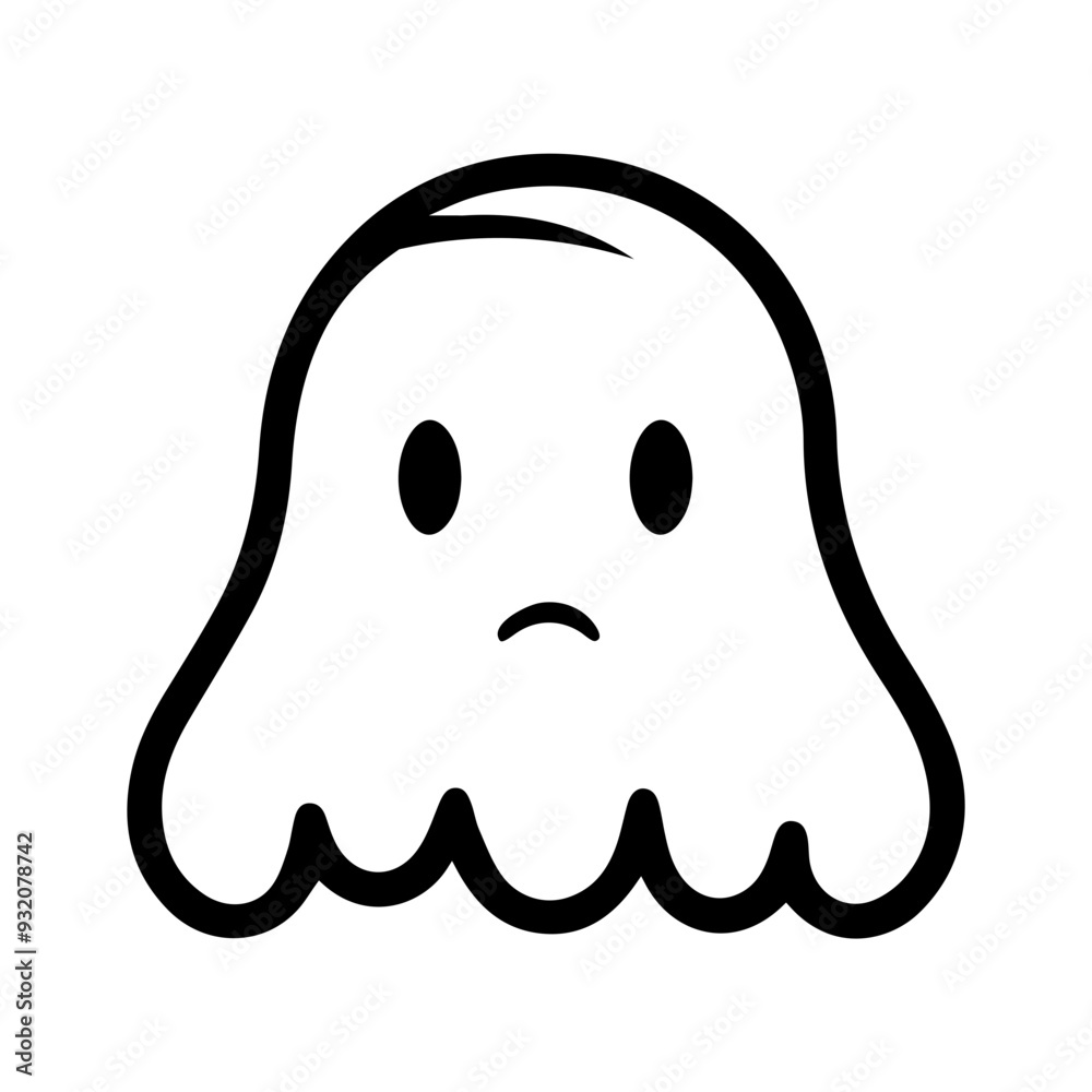 A simple black and white cartoon ghost icon with a sad facial expression A simple black and white cartoon ghost icon with a sad facial expression