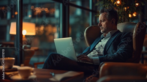 Businessman Working on Laptop in a Cozy Cafe