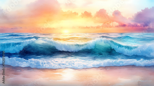 Serene watercolor painting with soft pastel colors, gentle waves and soothing textures, highdefinition, calming and tranquil scene