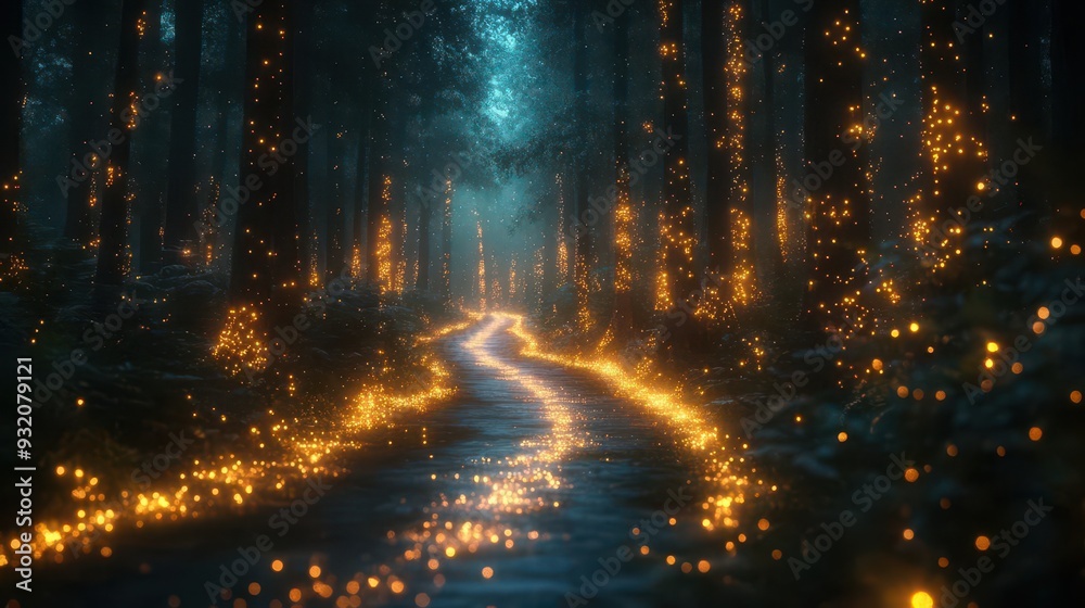 custom made wallpaper toronto digitalbioluminescent arrow formed by a swarm of fireflies guiding through a misty digital forest ethereal glow illuminates a path of floating data nodes and holographic trees