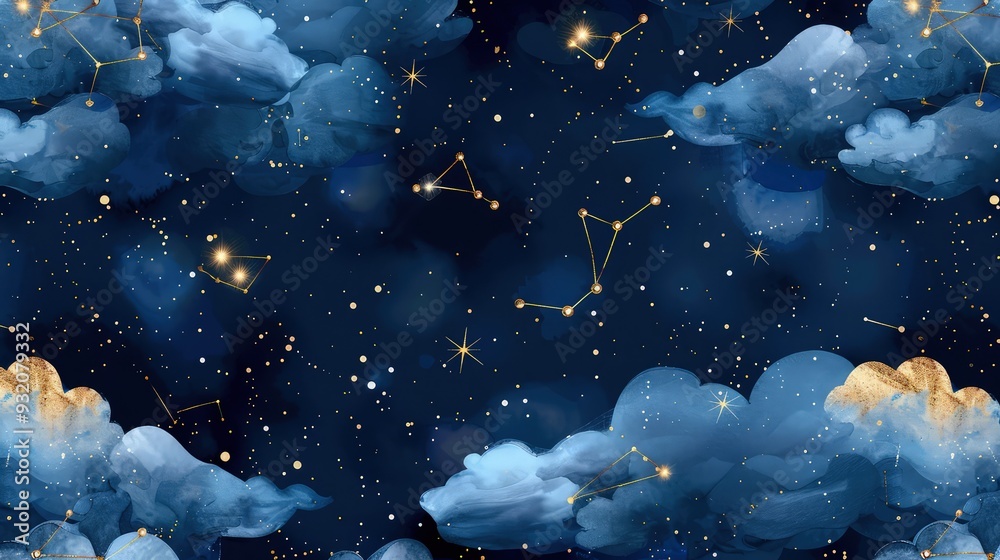 A dreamlike seamless pattern, featuring a navy blue night sky illuminated by dazzling gold foil stars and constellation figures, complemented by soft, blended watercolor clouds. A dreamlike seamless pattern, featuring a navy blue night sky illuminated by dazzling gold foil stars and constellation figures, complemented by soft, blended watercolor clouds.