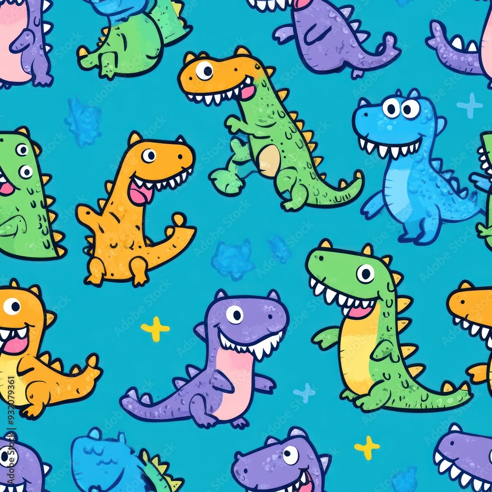 A colorful pattern featuring playful cartoon dinosaurs in various poses and expressions. A colorful pattern featuring playful cartoon dinosaurs in various poses and expressions.