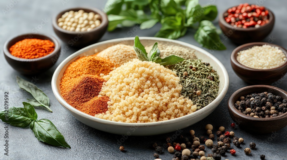 A plate of couscous surrounded by various spices and fresh herbs on a kitchen counter. A plate of couscous surrounded by various spices and fresh herbs on a kitchen counter.