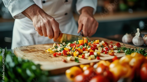 professional chef skillfully chopping a variety of colorful vegetables on a wooden cutting board, with precise knife technique and neatly sliced ingredients visible.