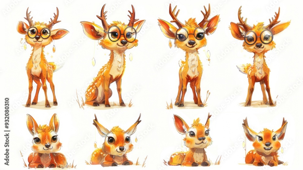 A series of cute, cartoonish deer characters with various expressions and poses. A series of cute, cartoonish deer characters with various expressions and poses.