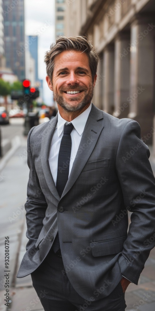 Smiling stylish businessman standing confidently on city street, wearing gray suit and tie, enjoying sunny day, ready for professional networking or client meeting. Smiling stylish businessman standing confidently on city street, wearing gray suit and tie, enjoying sunny day, ready for professional networking or client meeting.