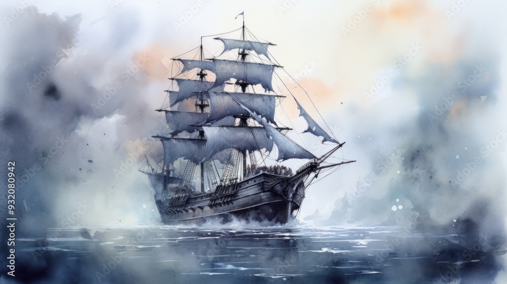 Ghostly ship, sailing through mist, gothic adventure, Watercolor style